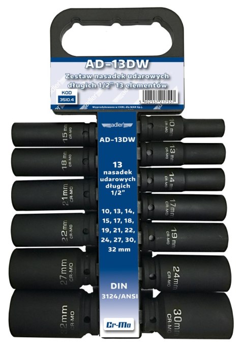 ADLER AD-13DW ZESTAW NASADEK UDAROWYCH DŁUGICH 1/2" 13 SZT. NA WIESZAKU
