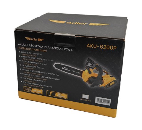 Akumulatorowa piła łańcuchowa 10" w zestawie z ładowarką i akumulatorem AKU- 6200P/20V-4Ah