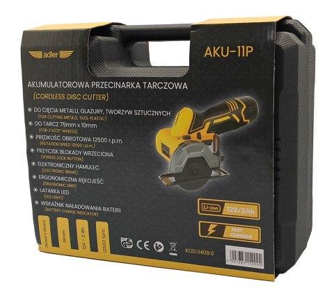 Akumulatorowa pilarka tarczowa w zestawie z akumulatorem i ładowarką AKU-11P/12V-2Ah