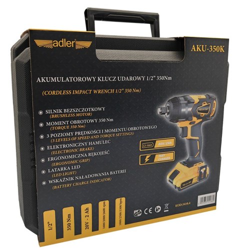 Akumulatorowy klucz udarowy 1/2" 350Nm w zestawie z akumulatorem i ładowarką AKU-350K/20V-2Ah