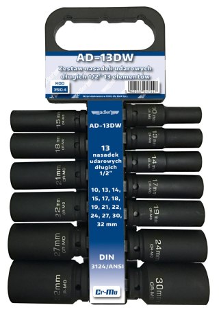 Zestaw - Nasadki udarowe długie Cr-Mo 1/2" 13szt wieszak AD-13DW