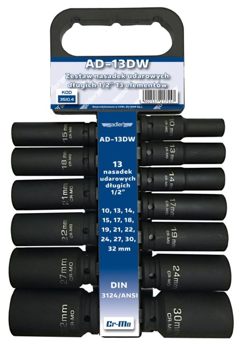Zestaw - Nasadki udarowe długie Cr-Mo 1/2" 13szt wieszak AD-13DW
